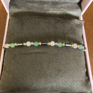Delicate Natural Rose Quartz, Jade, Gold and black bead bracelet